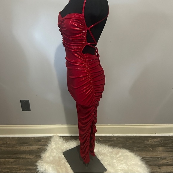 Privy Red Ruched Bodycon long Dress - Picture 4 of 8